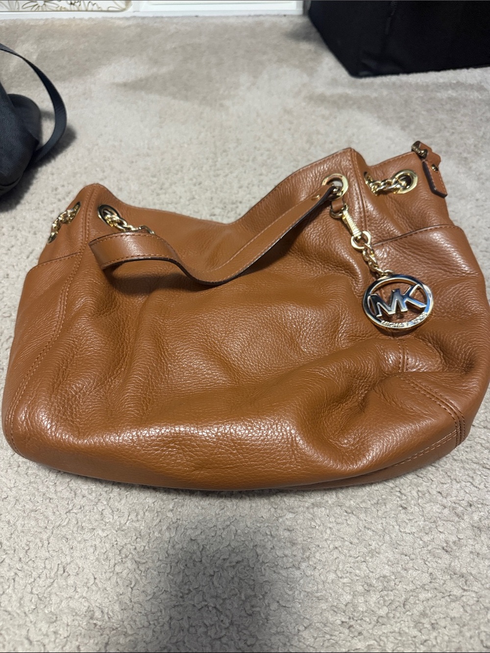 Michael Kors Tan Leather Shoulder Hobo with Gold MK Charm